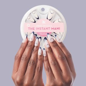 Olive & June Dotted French  Glue Press-Ons Nude with dark blue french tip and dots Long | Almond